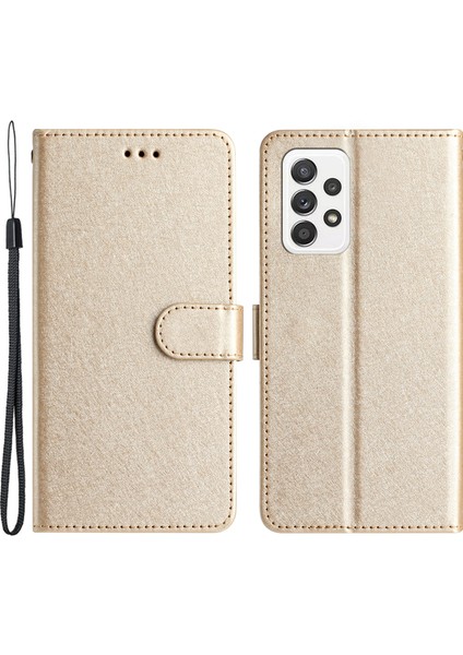 Samsung Galaxy A73 Için 5g Telefon Stand Kapağı Ipek Doku Pu Deri Cüzdan Kılıfı El Strap-Gold (Yurt Dışından)