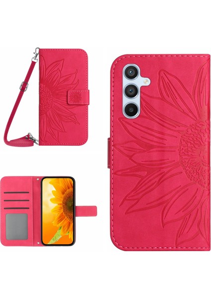 Samsung Galaxy A24 Için 4g HT04 Deri Flip Telefon Kılıfı Ayçiçeği Desen Stand Cüzdan Kapağı Omuz Kayışı Rose (Yurt Dışından)