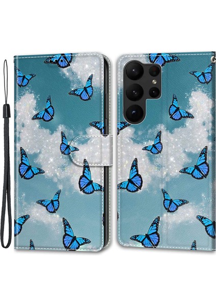 Samsung Galaxy S23 Için Ultra Pu Deri Desen Baskı Telefon Kılıfı Kart Tutucu Stand Kapağı Strap-White Bulut/mavi Kelebekler (Yurt Dışından)