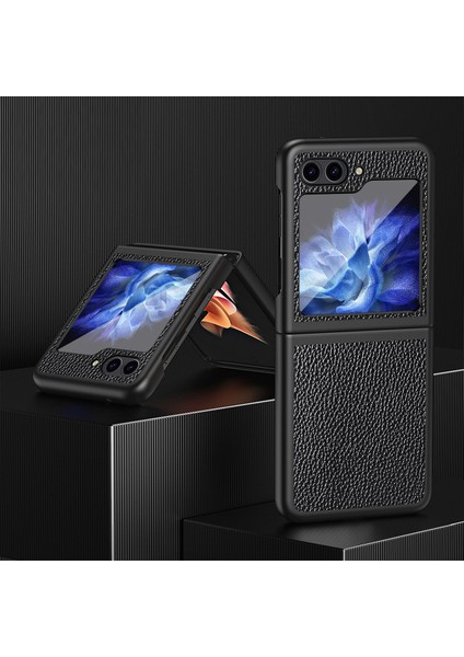 Samsung Galaxy Z Flip5 Için 5g Pu Deri Kaplamalı Pc Kılıfı Litchi Doku Koruyucu Telefon Kapak Black (Yurt Dışından)