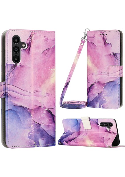 Samsung Galaxy M14 Için 5g Pu Deri Cüzdan Telefon Kılıfı Mermer Desen Stand Kapağı Omuz Askılı-Mor (Yurt Dışından)