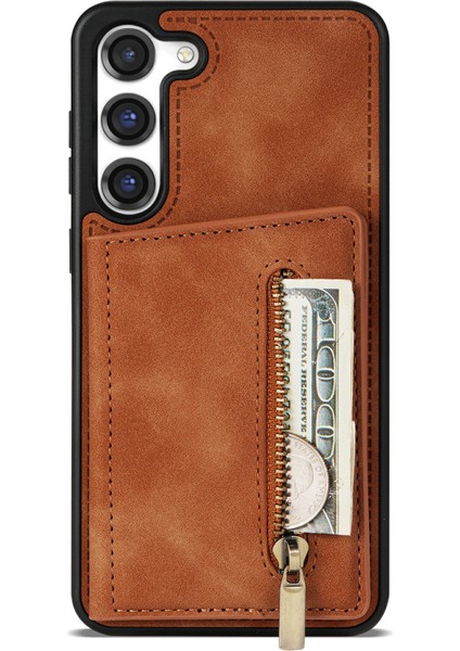 Samsung Galaxy S23 Için+ Zipper Cep Pu Deri Kaplamalı Tpu Kasa Kickstand Cüzdan Telefon Kapak-Kahverengi (Yurt Dışından)