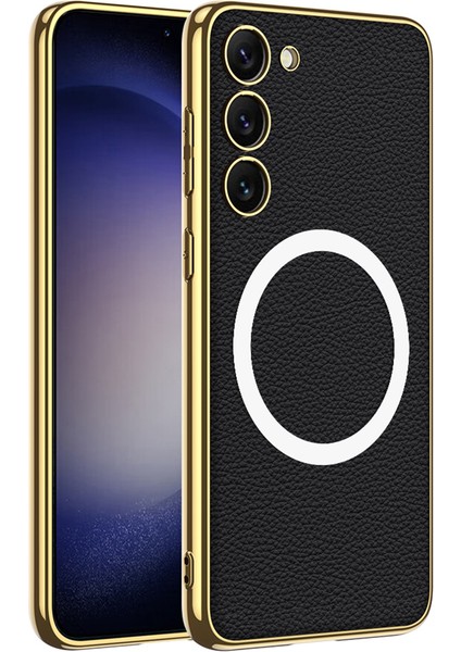 Samsung Galaxy S23 Için Gkk+ Elektraplama Tpu Frame Pu Deri+ Pc Telefon Kılıfı Magsafe-Black ile Uyumlu (Yurt Dışından)
