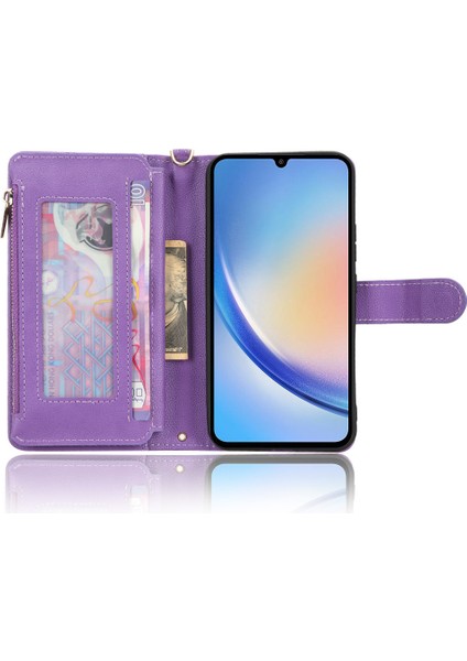 Samsung Galaxy A34 5g Fermuarı Cep Telefonu Cüzdan Case Cep Telefonu Kapağı 2 Kayış-Mor ile (Yurt Dışından)