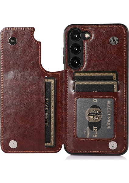 Samsung Galaxy S23 Için+ Çılgın At Doku Kart Tutucu Kickstand Sırt Kapak Deri Kaplamalı Tpu Telefon Kahverengi (Yurt Dışından)