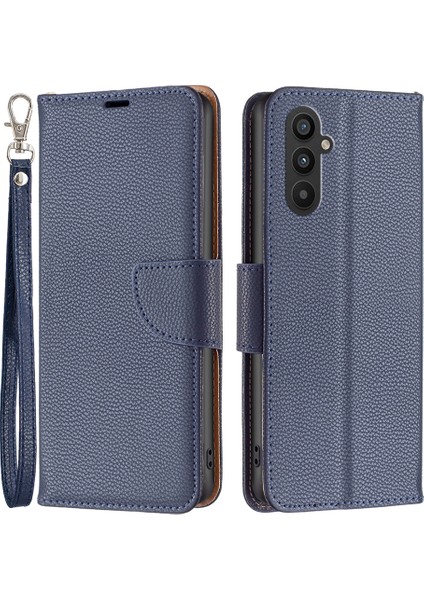 Samsung Galaxy A24 Için 4g Pu Deri Cüzdan Kapağı Litchi Dokusu Flip Stant Telefon Kasası Strap-Dark Mavi (Yurt Dışından)
