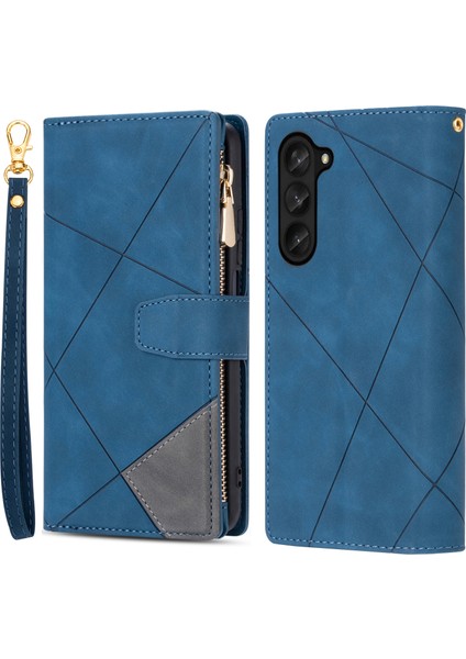 Samsung Galaxy Z Fold5 5g 5g Cüzdan Flip Pu Pu Deri Çizgiler Baskılı Fermuar Cep Standı Telefon Kapak-Blue (Yurt Dışından)