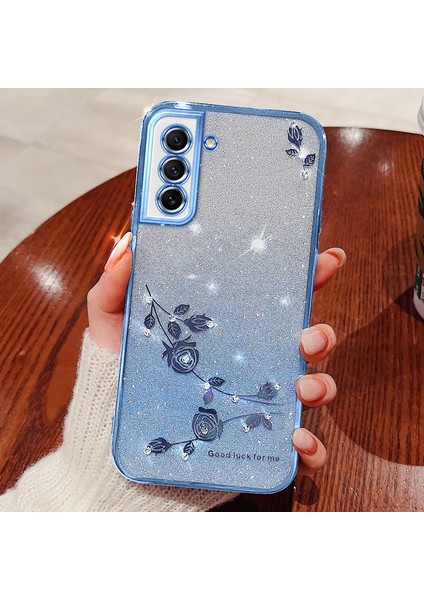 Kadem Toz Geçirmez Telefon Geri Kapağı Samsung Galaxy S21 Fe 5g, Çiçek Desen Dekor Rhinestone Glitter Tozu Esnek Tpu Cep Telefon Kılıf Mavisi (Yurt Dışından)