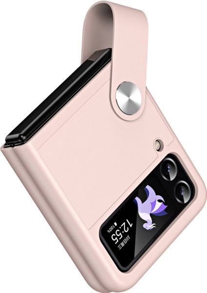 Samsung Galaxy Z Flip4 Için 5g Pu Deri+Pc Telefon Kasa Parmak Kayışı Tutucu Kickstand Kapak Pembe (Yurt Dışından)