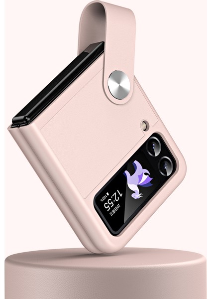 Samsung Galaxy Z Flip4 Için 5g Pu Deri+Pc Telefon Kasa Parmak Kayışı Tutucu Kickstand Kapak Pembe (Yurt Dışından)