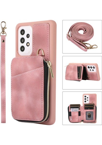 Samsung Galaxy A53 5g Deri Tpu Fermuar Kart Torbası ile Telefon Kapağı, Straps-Pink Için Kickstand Telefon Kılıfı (Yurt Dışından)