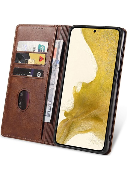 Samsung Galaxy S23 Için Telefon Kılıfı+ Deri Buzağı Dokusu Manyetik Kapanma Stand Cüzdan-Kahverengi ile Şok Karşüsü Telefon Kapağı (Yurt Dışından)