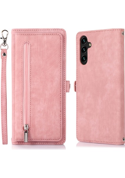 Samsung Galaxy A14 Için 5g Fermuarı Cep 9 Kart Yuvaları Pu Deri Kılıf Telefon Stand Cüzdan Kapağı Bilek Strap-Rose Altın (Yurt Dışından)