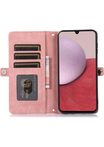 Samsung Galaxy A14 Için 5g Fermuarı Cep 9 Kart Yuvaları Pu Deri Kılıf Telefon Stand Cüzdan Kapağı Bilek Strap-Rose Altın (Yurt Dışından)