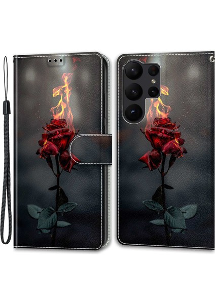 Samsung Galaxy S23 Için Ultra Pu Deri Desen Baskı Telefon Kılıf Kart Tutucu Strap-Fire Rose ile Stand Kapağı (Yurt Dışından)