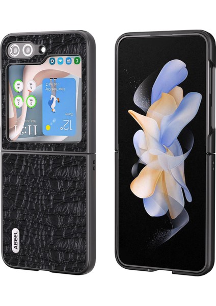Samsung Galaxy Z Flip5 5g Orijinal Inek Deri Kaplamalı Pc Telefon Kılıfı Dokulu Anti-Slip Cover-Black (Yurt Dışından)