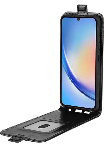 Samsung Galaxy A24 4g Dikey Flip Kart Tutucu Telefon Kılıfı Çılgın At Doku Pu Deri Kapak Blak (Yurt Dışından)