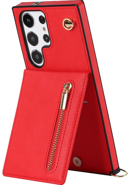 Samsung Galaxy S23 Için Ultra Fermuar Cüzdan Kredalı Telefon Kılıfı, Deri Kaplamalı Tpu Telefon Kickstand Kapak-Kırmızı (Yurt Dışından)