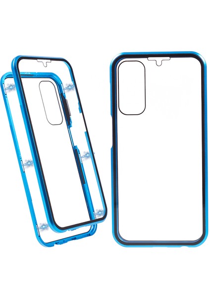 Samsung Galaxy A24 Için 4g Açık Çift Sandalı Temperli Cam Kılıf Manyetik Adsorpsiyon Metal Çerçeve Telefon Kapak-Mavisi (Yurt Dışından)