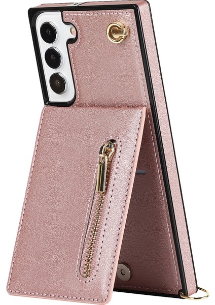 Samsung Galaxy S22 Için 5g Telefon Kapağı Kickstand Fermuar Cüzdan Deri Kaplamalı Tpu Kılıf Omuz Kayışı Pembe (Yurt Dışından)