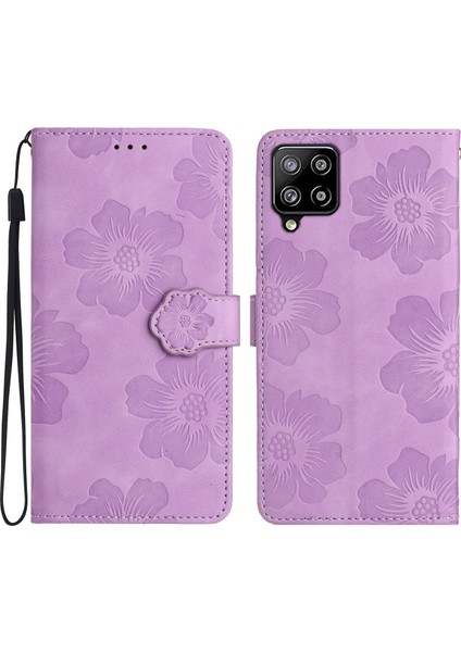 Samsung Galaxy A42 5g Çiçekler Için Desen Telefon Standı Pu Deri Cüzdan Anti-Drop Kapak-Mor (Yurt Dışından)