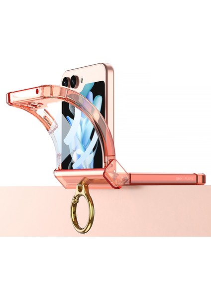 Samsung Galaxy Z Flip5 Için Gkk 5g Yüzük Kickstand Telefon Kasası Güçlendirilmiş Köşeler Tpu Temsil Edilmiş Cam Film-Şeffaf Mor ile Kapak (Yurt Dışından)