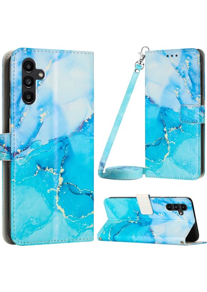 Samsung Galaxy M14 Için 5g Pu Deri Cüzdan Telefon Kılıfı Mermer Desen Stand Kapağı Omuz Kayışı Mavisi/yeşil (Yurt Dışından)