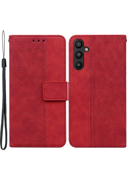 Samsung Galaxy A54 5g Bilek Kayışı Telefon Kabuğu Baskılı Geometri Desen Pus Kılıfı Pu Deri Manyetik Kapanma Stand Cüzdan-Kırmızı (Yurt Dışından)
