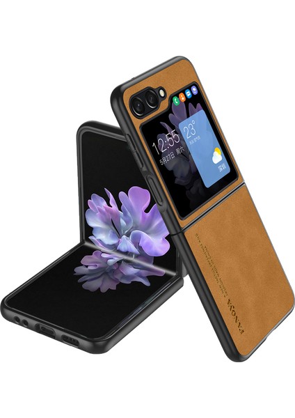 Samsung Galaxy Z Flip5 5g Cilt Touch Hissed Hissetme Cep Telefonu Kılıf Anti-Çizelge Pu Deri+Pc Telefon Kapak-Kahverengi (Yurt Dışından)