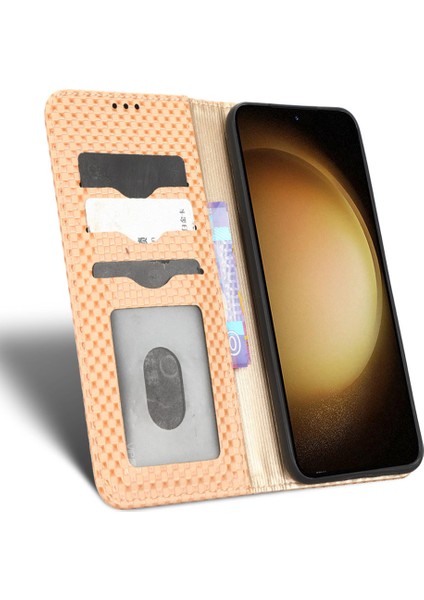 Samsung Galaxy S23 Için+ Manyetik Oto-Absorbed Stand Kılıfı Doku Pu Pu Deri Telefon Cüzdan Kapak Bej (Yurt Dışından)