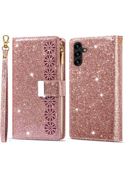 Samsung Galaxy A14 Için 5g Pu Deri Telefon Kılıfı Fermuar Cüzdan Stand Lazer Oyma Hafif Yıldızlı Tarz Kart Tutucu Koruyucu Telefon Kapağı Strap-Rose Altın (Yurt Dışından)