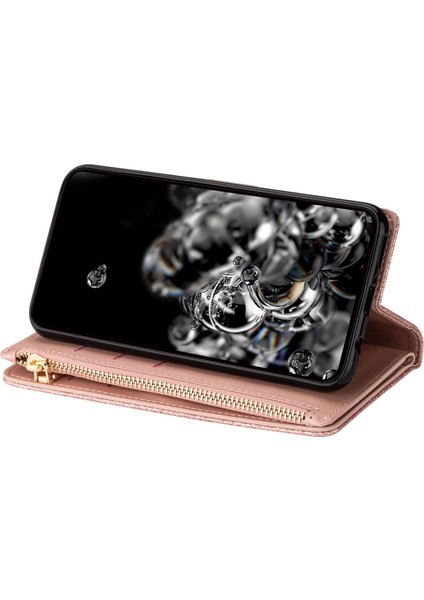 Samsung Galaxy A14 Için 5g Pu Deri Telefon Kılıfı Fermuar Cüzdan Stand Lazer Oyma Hafif Yıldızlı Tarz Kart Tutucu Koruyucu Telefon Kapağı Strap-Rose Altın (Yurt Dışından)