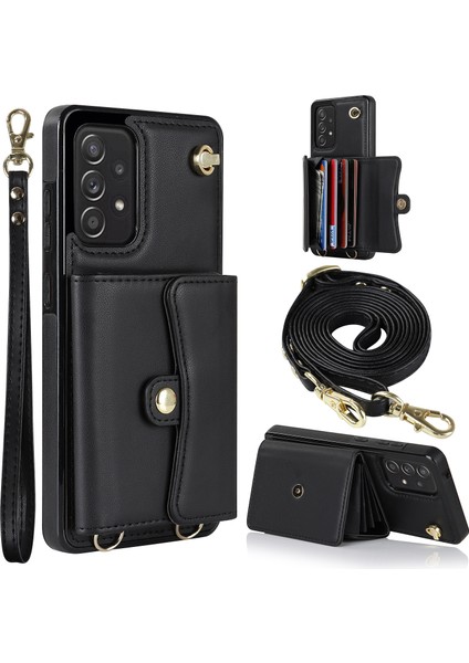 Samsung Galaxy A73 5g Akordeon Tarzı Kart Yuvaları Telefon Kılıfı Rfıd Engelleme Kickstand Kapak Kısa Kayış ve Uzun Kayış-Siyah (Yurt Dışından)