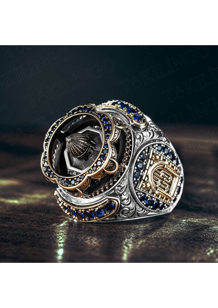 925 Ayar Gümüş Yeşil Akik Taşlı Mescidi Aksa Model El Yapımı Usta Işi Erkek Yüzük