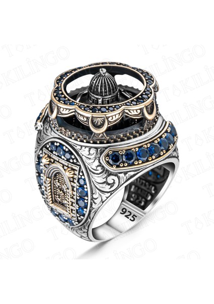 925 Ayar Gümüş Yeşil Akik Taşlı Mescidi Aksa Model El Yapımı Usta Işi Erkek Yüzük fiyatları