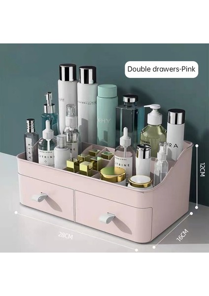 Çift-Pembe-M Tarzı Büyük Kapasiteli Çekmece Makyaj Organizatör Banyo Makyaj Saklama Kutusu Kadın Cilt Bakımı Tuvalet Masası Kozmetik Ruj Güzellik Çantası (Yurt Dışından)