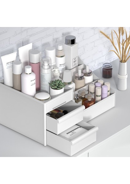 Mavi Stil 28.5X12.5X17CM Kozmetik Saklama Kutusu Üç Katmanlı Çekmece Makyaj Takı Organizatör Masaüstü Ruj Tırnak Yağı Kabı Güzellik Kozmetik Çantası (Yurt Dışından) fiyatları