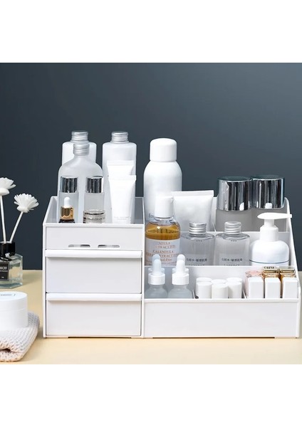 Beyaz Stil 25,2X15,4X11,5 cm Çekmeceli Kozmetik Makyaj Organizatörü, Plastik Banyo Cilt Bakımı Saklama Kutusu Fırça Ruj Tutacağı Organizatörler Depolama (Yurt Dışından)