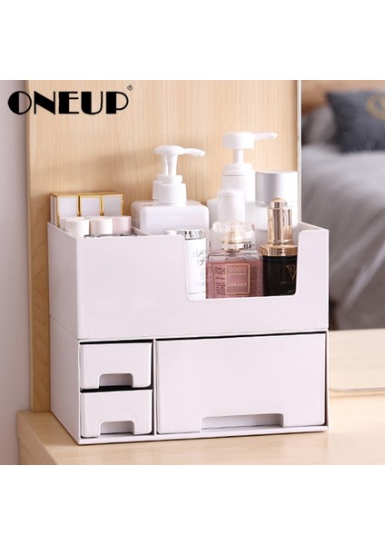White Upper Layer Style Oneup Double-Layer Plastic Cosmetic Storage Box Desktop Storage Box Drawer Jewelry Makeup Lipstick Organizer Bathroom Organizer (Yurt Dışından) fiyatları