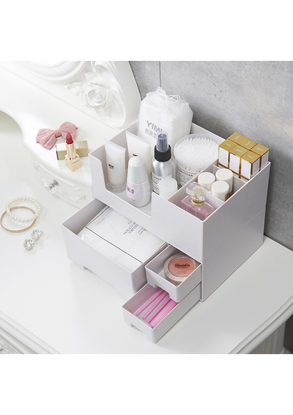 White Upper Layer Style Oneup Double-Layer Plastic Cosmetic Storage Box Desktop Storage Box Drawer Jewelry Makeup Lipstick Organizer Bathroom Organizer (Yurt Dışından) modelleri