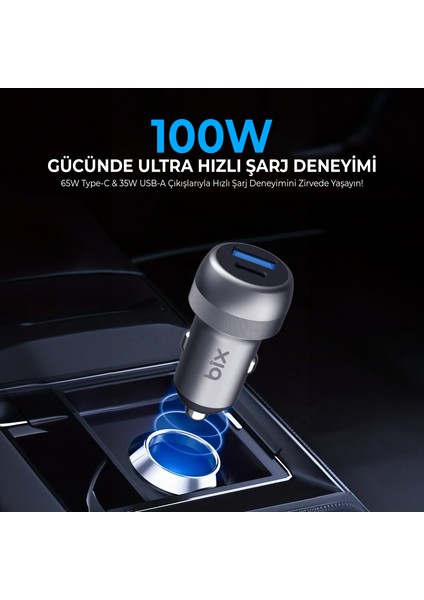 BXAC100W 100W Type-C Pd 65W ve Usb-A Qc 35W Pps Destekli Çift Çıkışlı Mini Araç Içi Hızlı Şarj Cihazı Gri