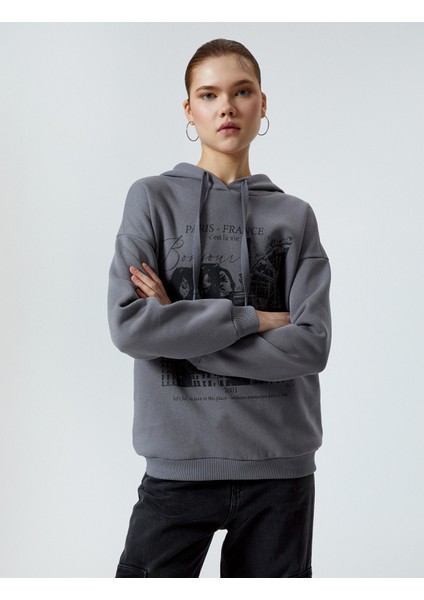 Kapşonlu Sweatshirt Baskılı Uzun Kollu