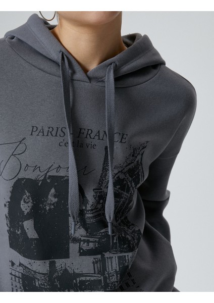 Kapşonlu Sweatshirt Baskılı Uzun Kollu