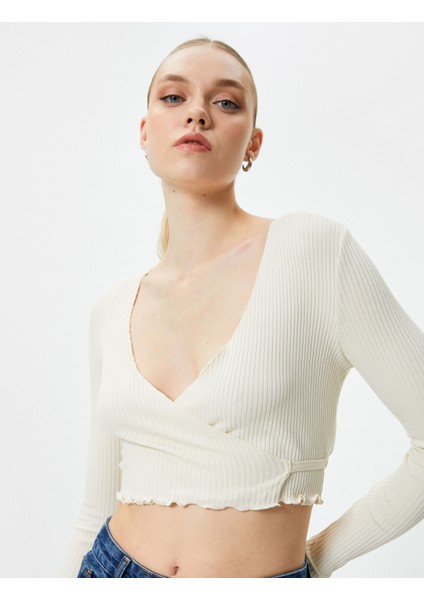 Kruvaze Crop Bluz Bağlamalı V Yaka Uzun Kollu Ribanalı