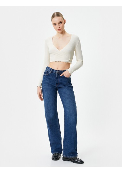 Kruvaze Crop Bluz Bağlamalı V Yaka Uzun Kollu Ribanalı fiyatları