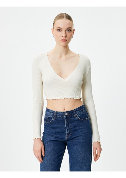 Kruvaze Crop Bluz Bağlamalı V Yaka Uzun Kollu Ribanalı modelleri
