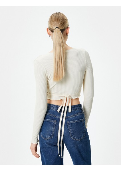 Kruvaze Crop Bluz Bağlamalı V Yaka Uzun Kollu Ribanalı fırsatları