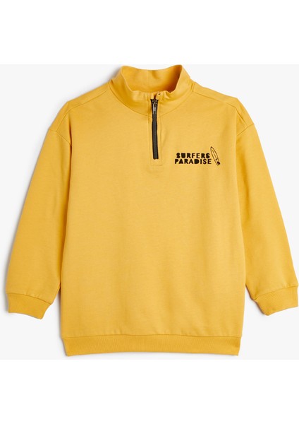 Sweatshirt Dik Yaka Sörf Baskılı Yarım Fermuar Pamuklu