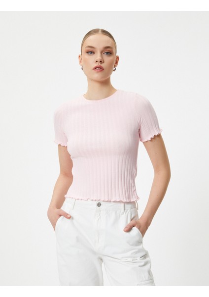 Crop Tişört Kısa Kollu Bisiklet Yaka Dokulu Pamuklu