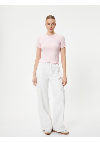 Crop Tişört Kısa Kollu Bisiklet Yaka Dokulu Pamuklu fiyatları